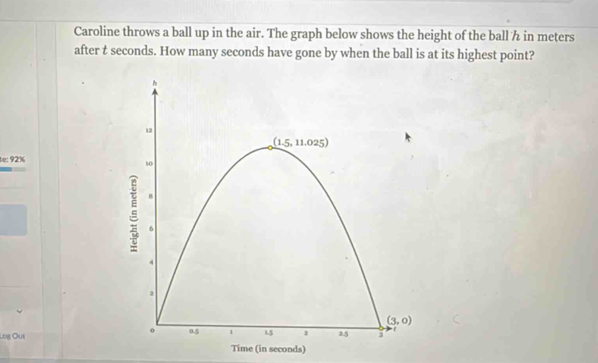 caroline throws a ball up in the air. the graph below shows the height of the ball h in meters after t seconds. how many seconds have gone by when the ball is at its highest point?