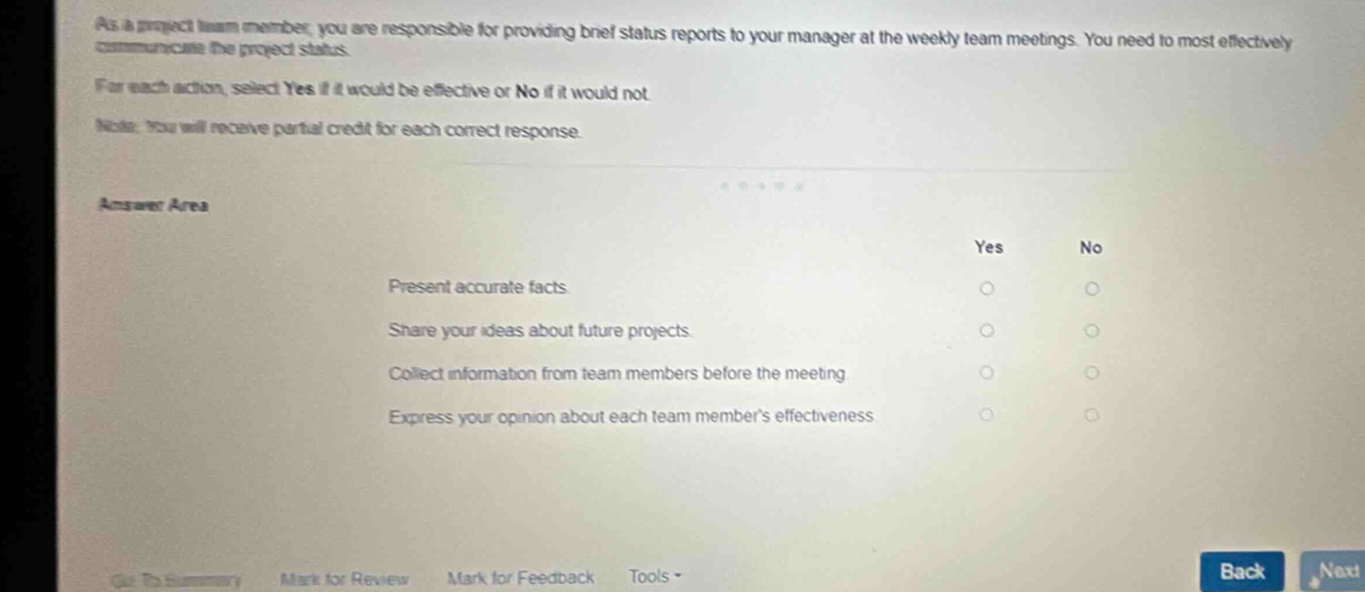 as a project team member, you are responsible for providing brief status reports to your manager at the weekly team meetings. you need to most effectively communicate the project status. for each action, select yes if it would be effective or no if it would not. note: you will receive partial credit for each correct response. answer area present accurate facts share your ideas about future projects collect information from team members before the meeting express your opinion about each team members effectiveness