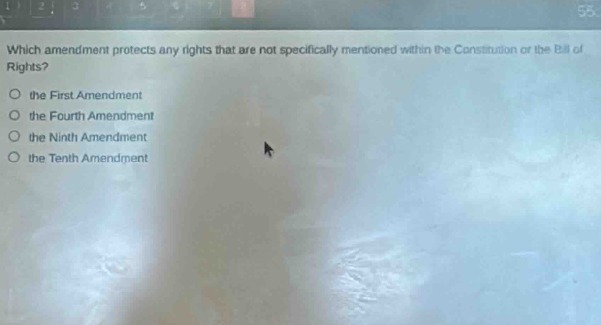 which amendment protects any rights that are not specifically mentioned within the constitution or the bill of rights?\no the first amendment\no the fourth amendment\no the ninth amendment\no the tenth amendment