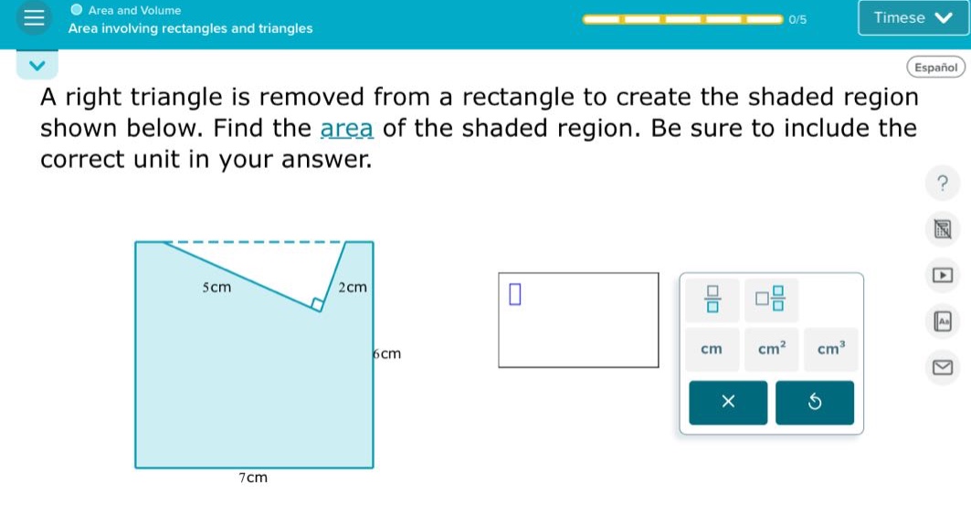 a right triangle is removed from a rectangle to create the shaded region shown below. find the area of the shaded region. be sure to include the correct unit in your answer.