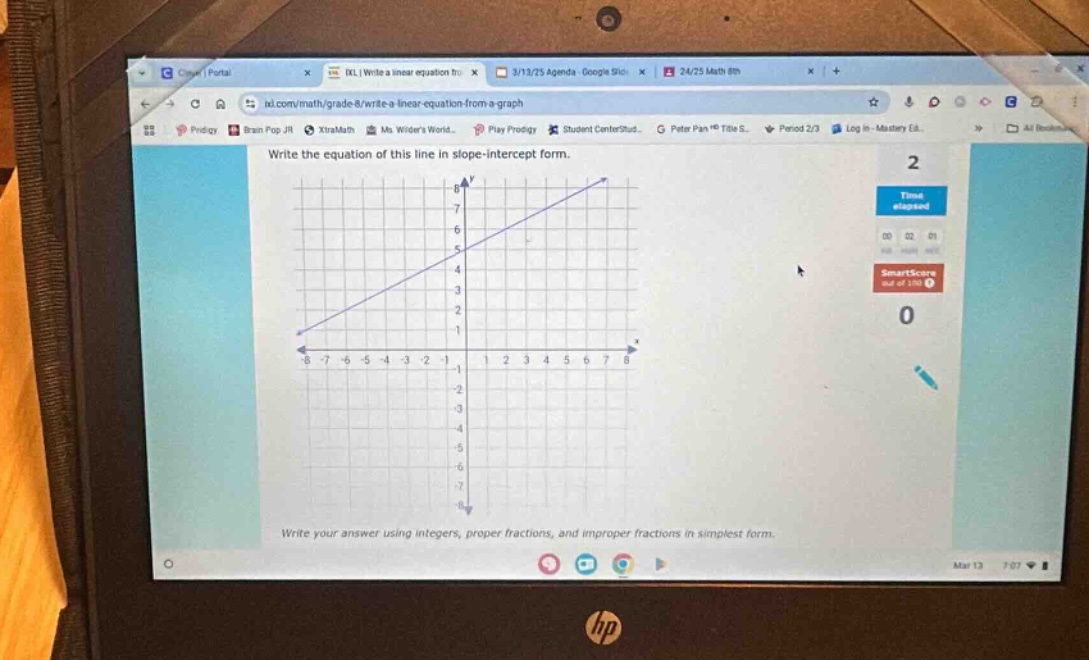 write the equation of this line in slope - intercept form. write your answer using integers, proper fractions, and improper fractions in simplest form.