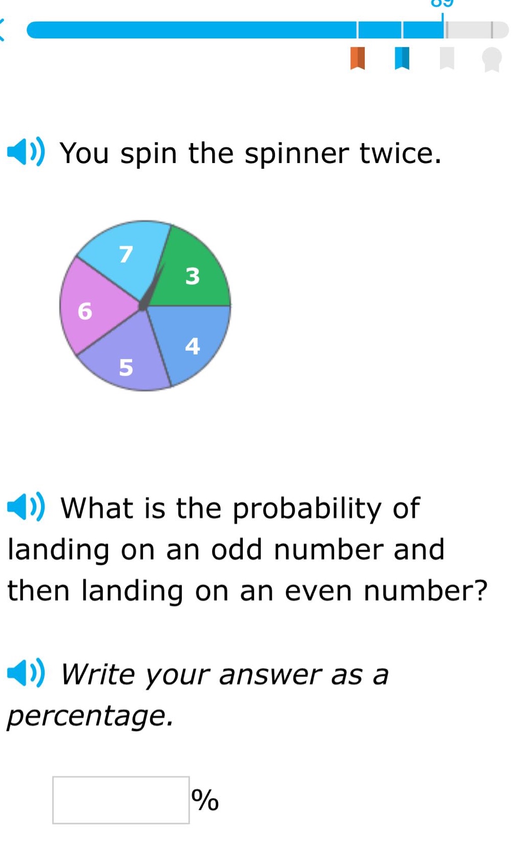 you spin the spinner twice. what is the probability of landing on an odd number and then landing on an even number? write your answer as a percentage. %