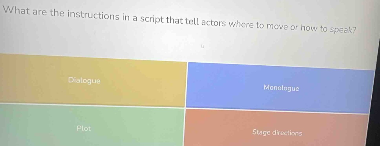 what are the instructions in a script that tell actors where to move or how to speak? dialogue monologue plot stage directions