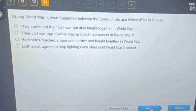 during world war ii, what happened between the communists and nationalists in china? they continued their civil war but also fought together in world war ii. their civil war raged while they avoided involvement in world war ii. both sides reached a permanent truce and fought together in world war ii. both sides agreed to stop fighting each other until world war ii ended.