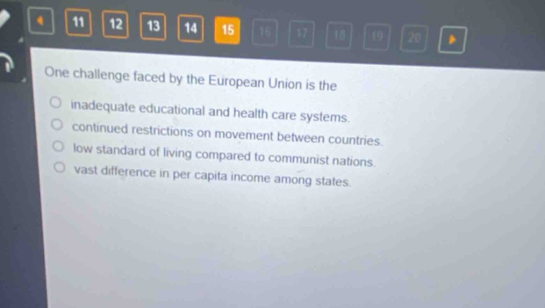 one challenge faced by the european union is the\ninadequate educational and health care systems.\ncontinued restrictions on movement between countries.\nlow standard of living compared to communist nations.\nvast difference in per capita income among states.