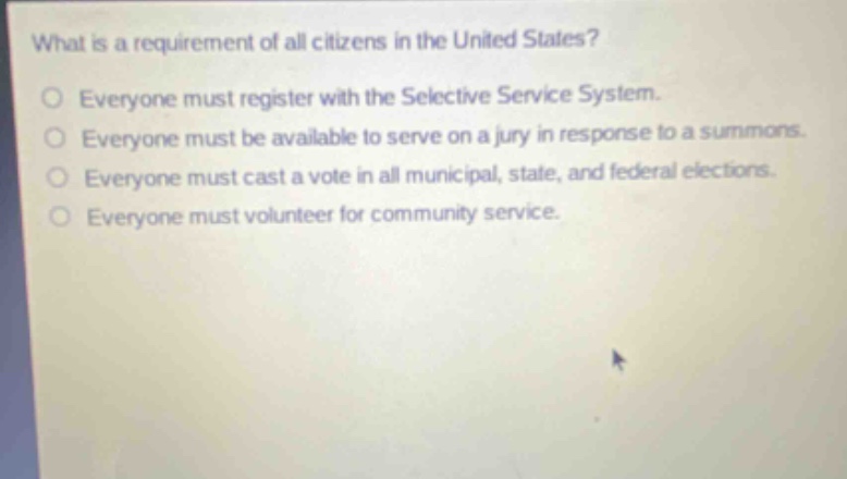 what is a requirement of all citizens in the united states?\no everyone must register with the selective service system.\no everyone must be available to serve on a jury in response to a summons.\no everyone must cast a vote in all municipal, state, and federal elections.\no everyone must volunteer for community service.