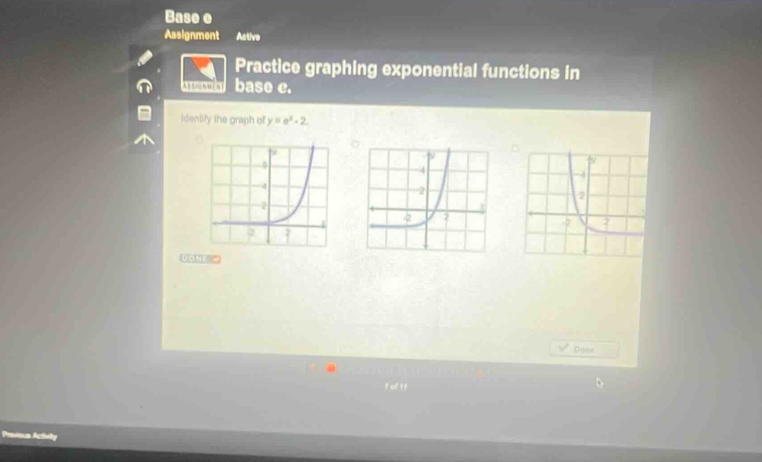 base e assignment active practice graphing exponential functions in base e. identify the graph of y = e^x - 2.