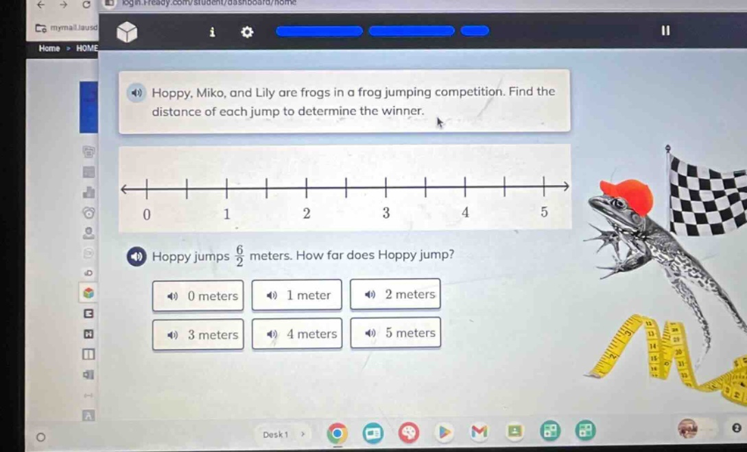 hoppy, miko, and lily are frogs in a frog jumping competition. find the distance of each jump to determine the winner. hoppy jumps 6/2 meters. how far does hoppy jump? 0 meters 1 meter 2 meters 3 meters 4 meters 5 meters