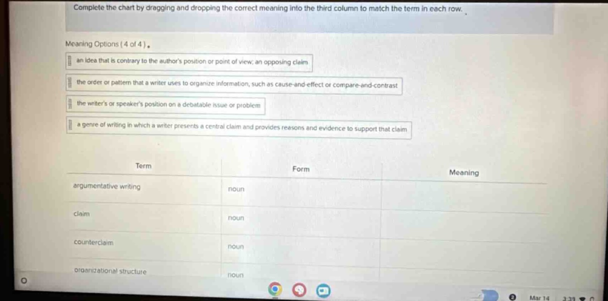 complete the chart by dragging and dropping the correct meaning into the third column to match the term in each row. meaning options (4 of 4) an idea that is contrary to the authors position or point of view, an opposing claim the order or pattern that a writer uses to organize information, such as cause - and - effect or compare - and - contrast the writers or speakers position on a debatable issue or problem a genre of writing in which a writer presents a central claim and provides reasons and evidence to support that claim term form meaning argumentative writing noun claim noun counterclaim noun organizational structure noun