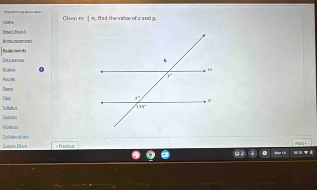 given m || n, find the value of x and y.