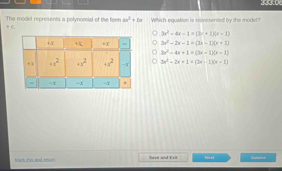 the model represents a polynomial of the form ax² + bx + c. which equation is represented by the model? 3x² - 4x - 1 = (3x + 1)(x - 1) 3x² - 2x - 1 = (3x - 1)(x + 1) 3x² - 4x + 1 = (3x - 1)(x - 1) 3x² - 2x + 1 = (3x - 1)(x - 1)