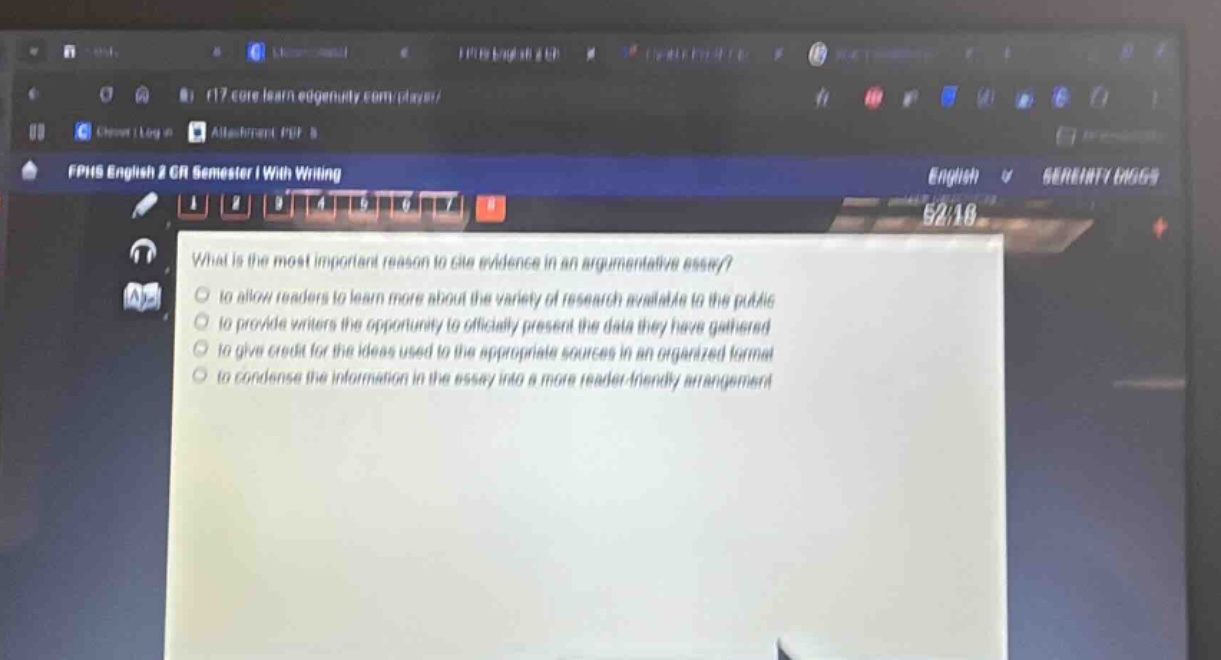 what is the most important reason to cite evidence in an argumentative essay? to allow readers to learn more about the variety of research available to the public to provide writers the opportunity to officially present the data they have gathered to give credit for the ideas used to the appropriate sources in an organized format to condense the information in the essay into a more reader - friendly arrangement