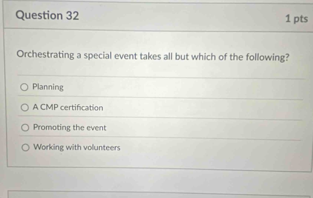question 32 1 pts orchestrating a special event takes all but which of the following? planning a cmp certification promoting the event working with volunteers