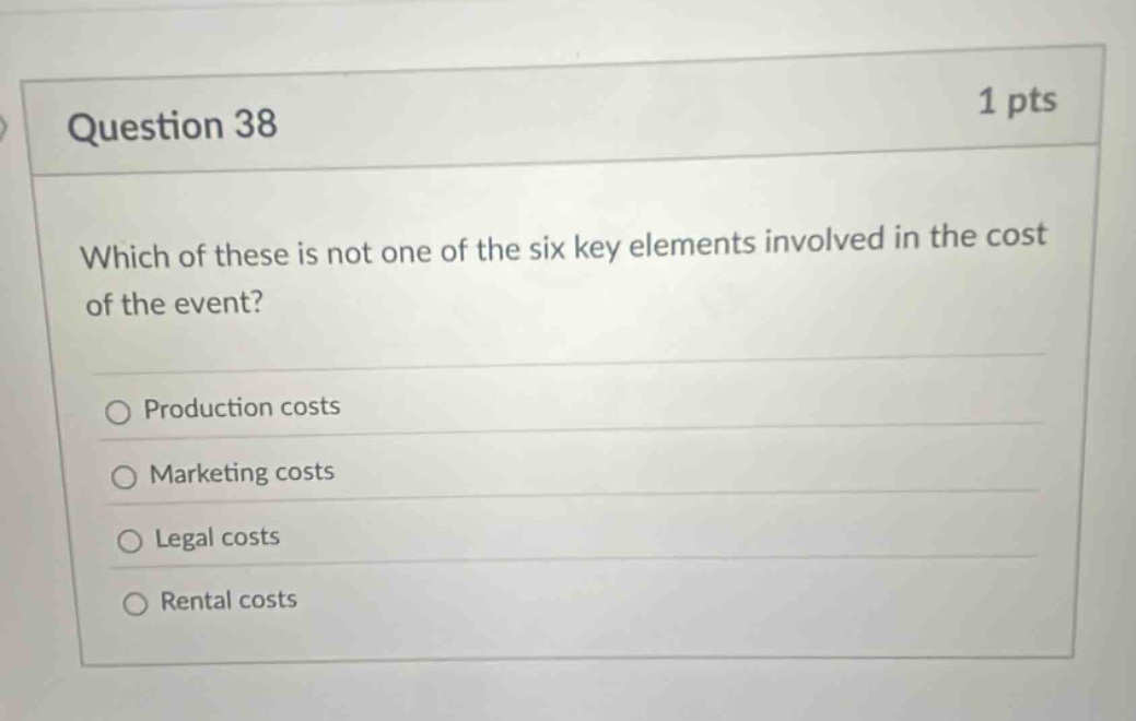 question 38 1 pts which of these is not one of the six key elements involved in the cost of the event? production costs marketing costs legal costs rental costs