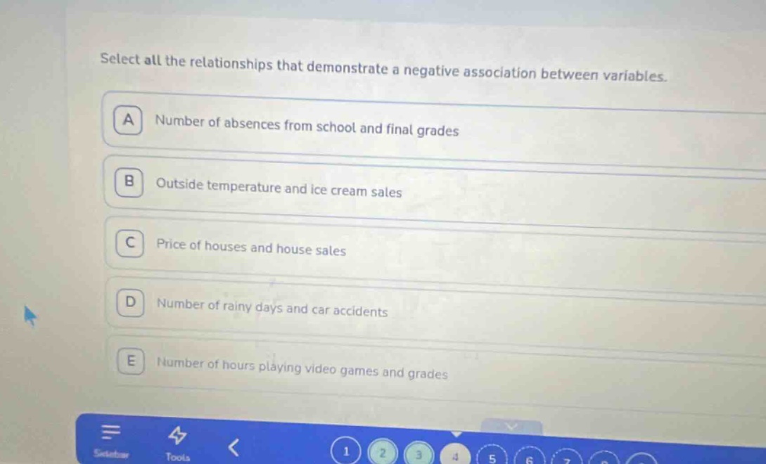 select all the relationships that demonstrate a negative association between variables. a number of absences from school and final grades b outside temperature and ice cream sales c price of houses and house sales d number of rainy days and car accidents e number of hours playing video games and grades