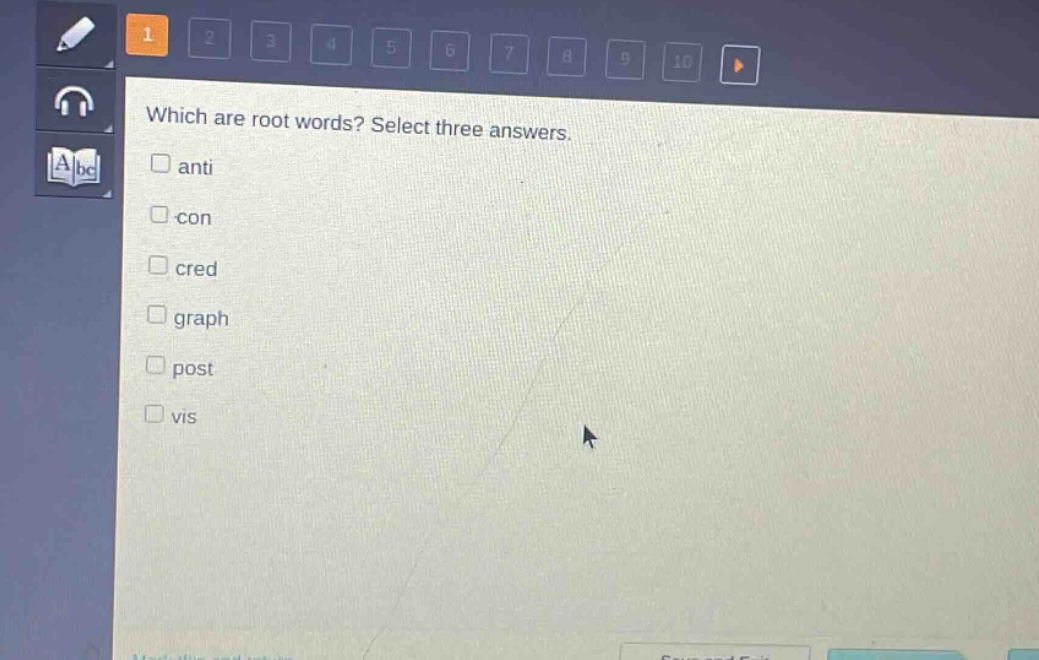 which are root words? select three answers. anti con cred graph post vis