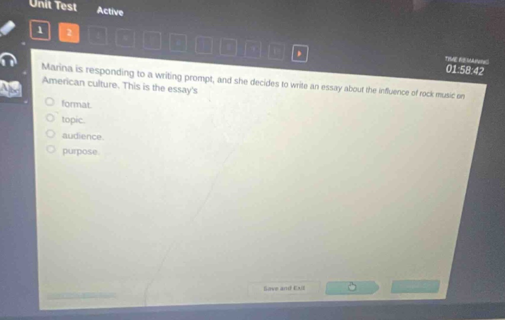 marina is responding to a writing prompt, and she decides to write an essay about the influence of rock music on american culture. this is the essays format. topic. audience. purpose.