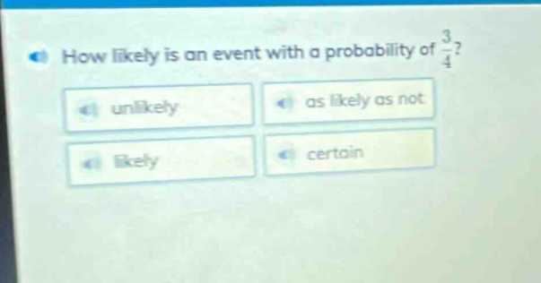 how likely is an event with a probability of 3/4? unlikely as likely as not likely certain