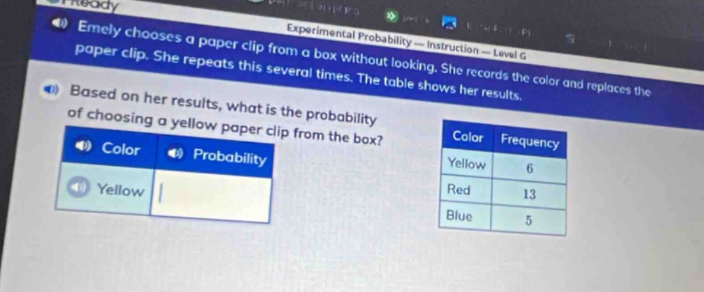 emely chooses a paper clip from a box without looking. she records the color and replaces the paper clip. she repeats this several times. the table shows her results. based on her results, what is the probability of choosing a yellow paper clip from the box? color probability yellow color frequency yellow 6 red 13 blue 5
