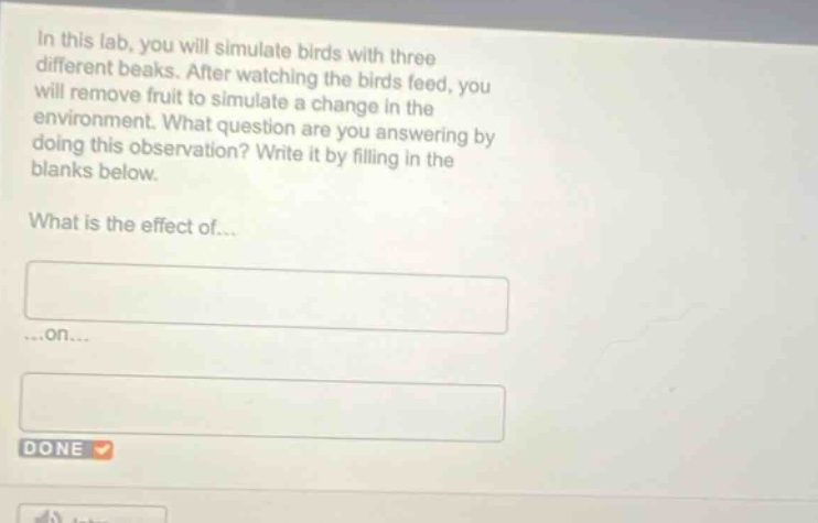 in this lab, you will simulate birds with three different beaks. after watching the birds feed, you will remove fruit to simulate a change in the environment. what question are you answering by doing this observation? write it by filling in the blanks below. what is the effect of... ...on...