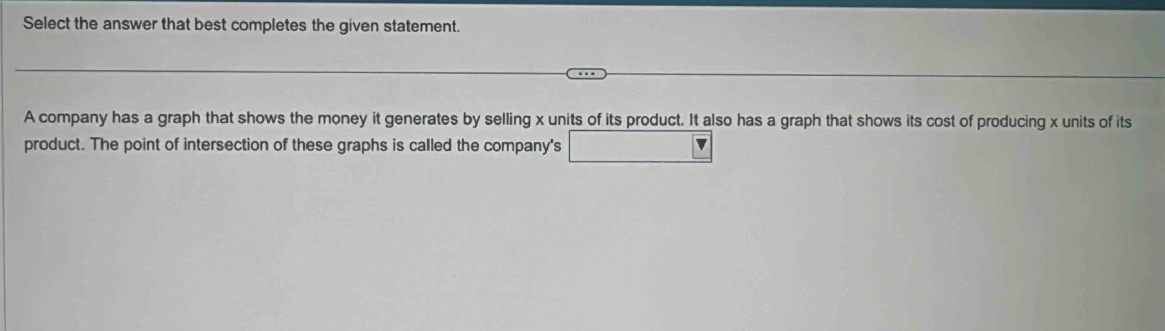 select the answer that best completes the given statement. a company has a graph that shows the money it generates by selling x units of its product. it also has a graph that shows its cost of producing x units of its product. the point of intersection of these graphs is called the companys