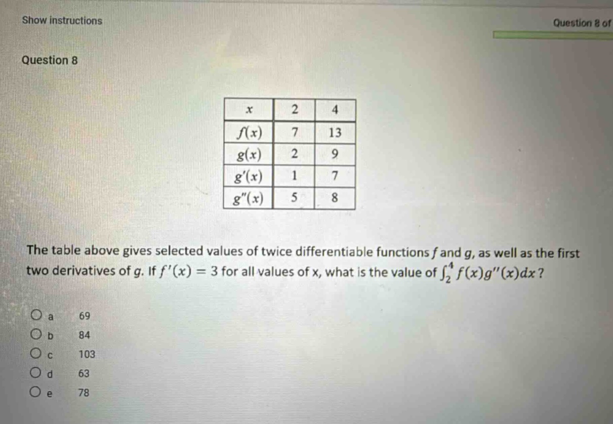 show instructions question 8 question 8 of the table above gives selected values of twice differentiable functions f and g, as well as the first two derivatives of g. if f(x)=3 for all values of x, what is the value of ∫₂⁴f(x)g(x)dx? a 69 b 84 c 103 d 63 e 78