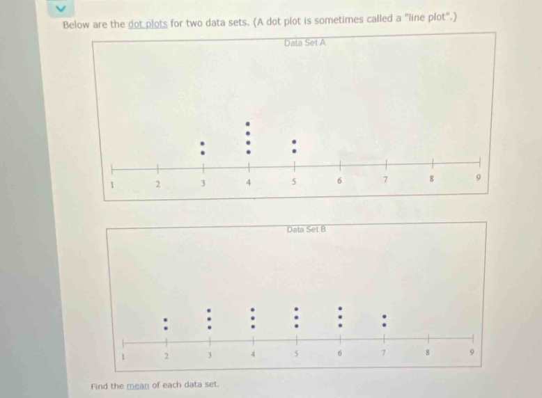 below are the dot plots for two data sets. (a dot plot is sometimes called a \line plot\.) data set a data set b find the mean of each data set.