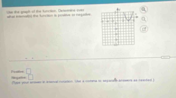use the graph of the function. determine over what interval(s) the function is positive or negative. positive: negative: (type your answer in interval - notation. use a comma to separate answers as needed.)
