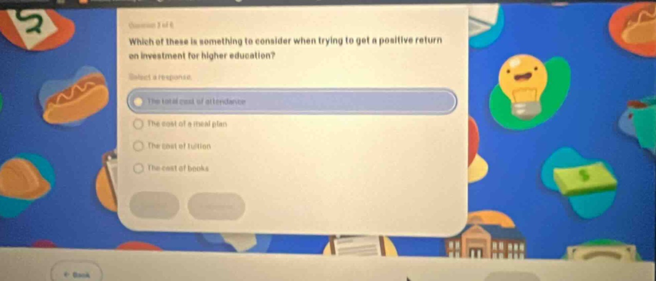 question 3 of 6 which of these is something to consider when trying to get a positive return on investment for higher education? select a response. the total cost of attendance the cost of a meal plan the cost of tuition the cost of books
