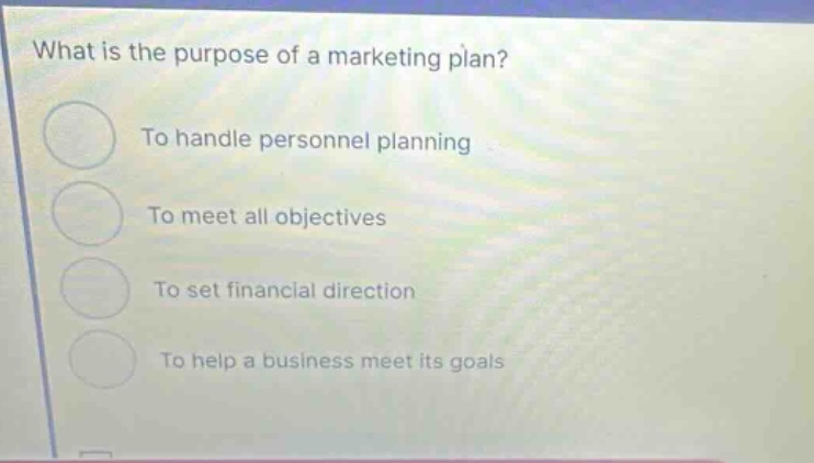 what is the purpose of a marketing plan? to handle personnel planning to meet all objectives to set financial direction to help a business meet its goals
