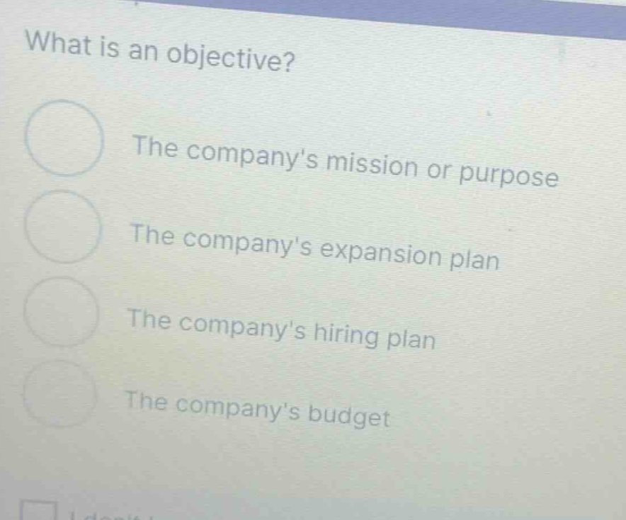 what is an objective? the companys mission or purpose the companys expansion plan the companys hiring plan the companys budget