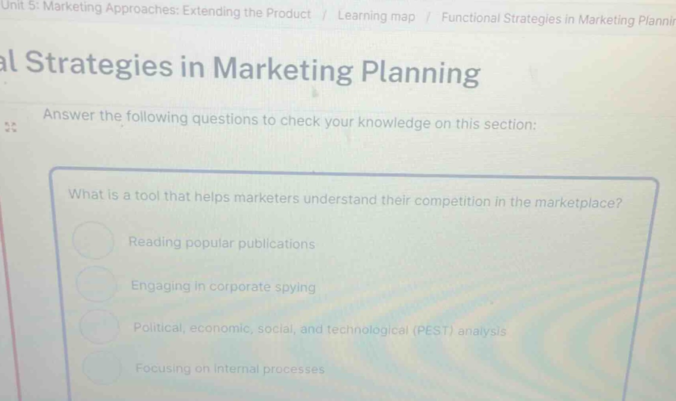 unit 5: marketing approaches: extending the product / learning map / functional strategies in marketing planni al strategies in marketing planning answer the following questions to check your knowledge on this section: what is a tool that helps marketers understand their competition in the marketplace? reading popular publications engaging in corporate spying political, economic, social, and technological (pest) analysis focusing on internal processes