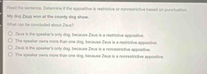 read the sentence. determine if the appositive is restrictive or nonrestrictive based on punctuation. my dog zeus won at the county dog show. what can be concluded about zeus? zeus is the speakers only dog, because zeus is a restrictive appositive. the speaker owns more than one dog, because zeus is a restrictive appositive. zeus is the speakers only dog, because zeus is a nonrestrictive appositive. the speaker owns more than one dog, because zeus is a nonrestrictive appositive.