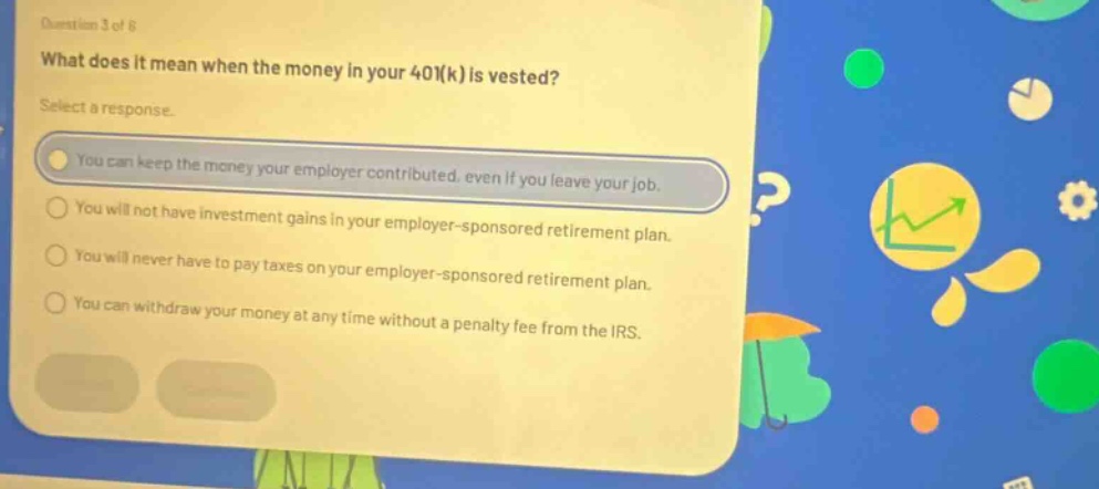 question 3 of 6 what does it mean when the money in your 401(k) is vested? select a response. you can keep the money your employer contributed, even if you leave your job. you will not have investment gains in your employer - sponsored retirement plan. you will never have to pay taxes on your employer - sponsored retirement plan. you can withdraw your money at any time without a penalty fee from the irs.