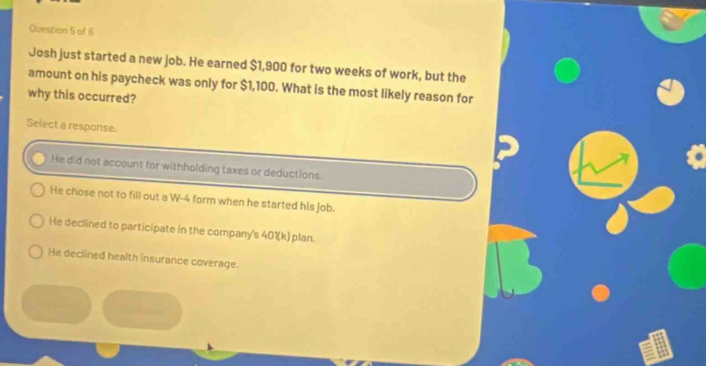 question 5 of 6\njosh just started a new job. he earned $1,900 for two weeks of work, but the amount on his paycheck was only for $1,100. what is the most likely reason for why this occurred?\nselect a response.\nhe did not account for withholding taxes or deductions.\nhe chose not to fill out a w - 4 form when he started his job.\nhe declined to participate in the companys 401(k) plan.\nhe declined health insurance coverage.