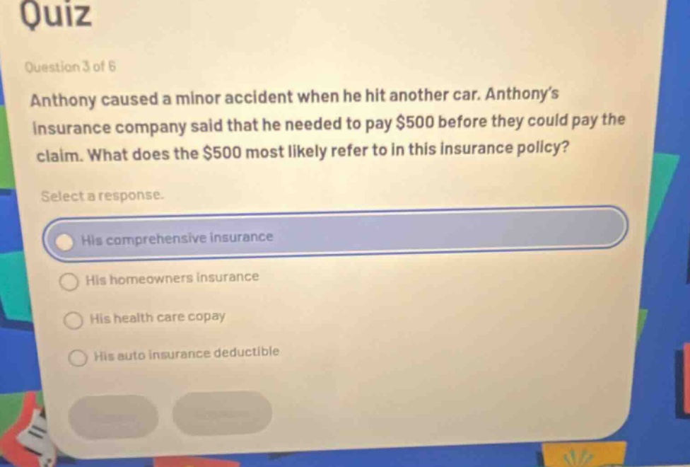 quiz question 3 of 6 anthony caused a minor accident when he hit another car. anthonys insurance company said that he needed to pay $500 before they could pay the claim. what does the $500 most likely refer to in this insurance policy? select a response. his comprehensive insurance his homeowners insurance his health care copay his auto insurance deductible