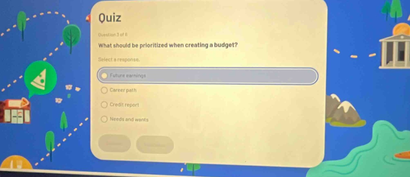 quiz\nquestion 3 of 8\nwhat should be prioritized when creating a budget?\nselect a response.\nfuture earnings\ncareer path\ncredit report\nneeds and wants