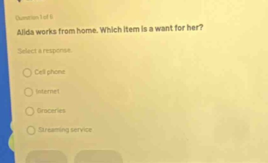 question 1 of 6 alida works from home. which item is a want for her? select a response. cell phone internet groceries streaming service