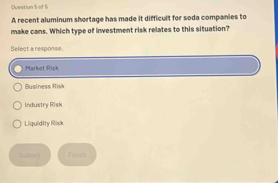 question 5 of 5 a recent aluminum shortage has made it difficult for soda companies to make cans. which type of investment risk relates to this situation? select a response. market risk business risk industry risk liquidity risk