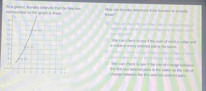 at a glance, kendra believes that the function represented on the graph is linear. how can kendra determine if the function is actually linear? she can check to see if the rate of vertical increase equals the rate of horizontal increase between each pair of points. she can check to see if the sum of each y - value and x - value in every ordered pair is the same. she can check to see if the quotient of each y - value and x - value in every ordered pair is the same. she can check to see if the rate of change between the first two ordered pairs is the same as the rate of change between the first and last ordered pairs.