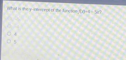 what is the y - intercept of the function f(x)=4 - 5x? -5 -4 4 5