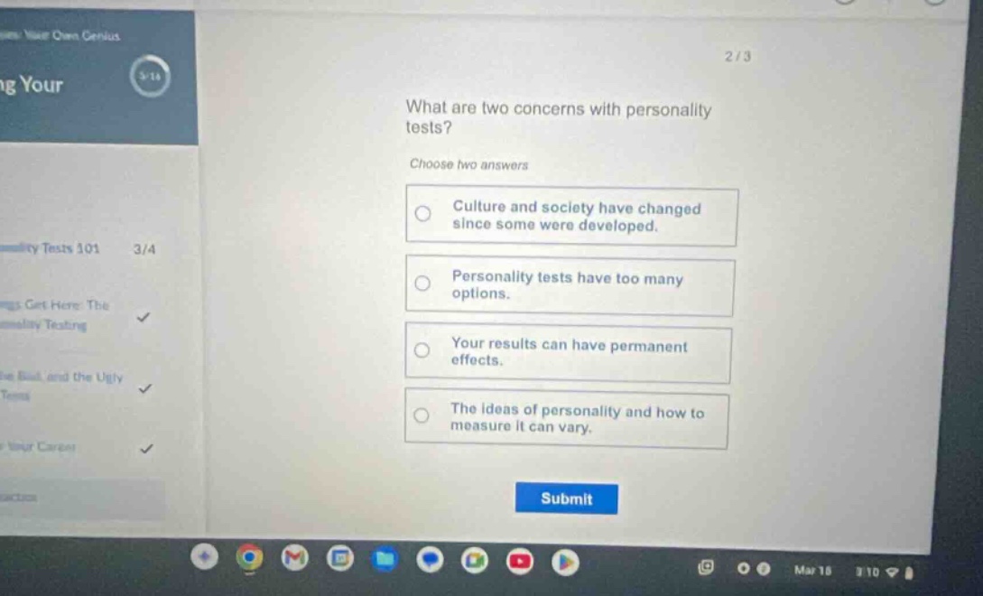 what are two concerns with personality tests? choose two answers culture and society have changed since some were developed. personality tests have too many options. your results can have permanent effects. the ideas of personality and how to measure it can vary.