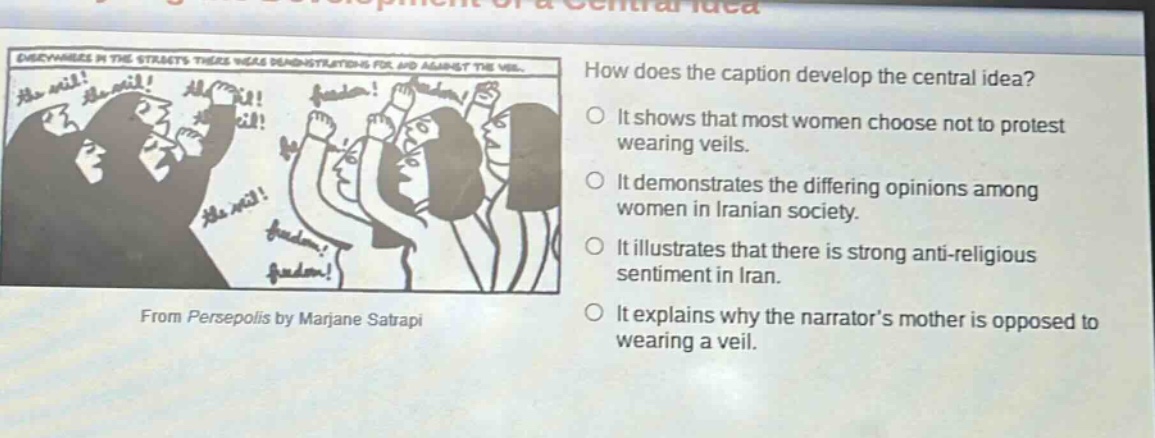 how does the caption develop the central idea? it shows that most women choose not to protest wearing veils. it demonstrates the differing opinions among women in iranian society. it illustrates that there is strong anti - religious sentiment in iran. it explains why the narrator’s mother is opposed to wearing a veil. from persepolis by marjane satrapi