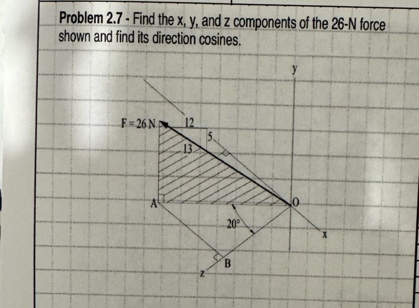 problem 2.7 - find the x, y, and z components of the 26 - n force shown and find its direction cosines.