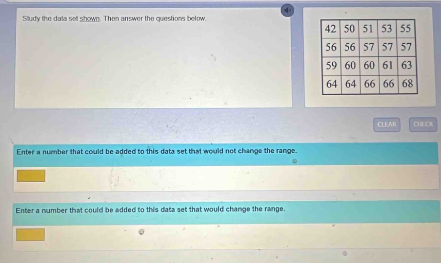 study the data set shown. then answer the questions below. enter a number that could be added to this data set that would not change the range. enter a number that could be added to this data set that would change the range.