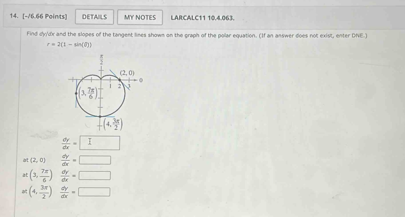 14. -/6.66 points details my notes larcalc11 10.4.063. find dy/dx and the slopes of the tangent lines shown on the graph of the polar equation. (if an answer does not exist, enter dne.) r = 2(1 - sin(θ)) at (2, 0) dy/dx = at (3, 7π/6) dy/dx = at (4, 3π/2) dy/dx =