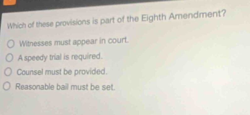 which of these provisions is part of the eighth amendment? witnesses must appear in court. a speedy trial is required. counsel must be provided. reasonable bail must be set.
