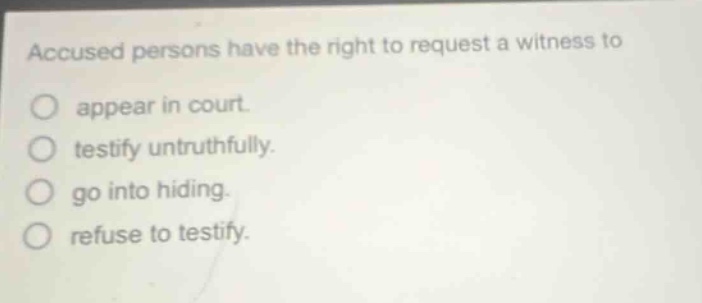 accused persons have the right to request a witness to appear in court. testify untruthfully. go into hiding. refuse to testify.