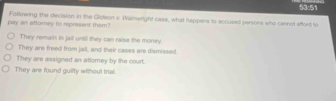 following the decision in the gideon v. wainwright case, what happens to accused persons who cannot afford to pay an attorney to represent them? they remain in jail until they can raise the money. they are freed from jail, and their cases are dismissed. they are assigned an attorney by the court. they are found guilty without trial.