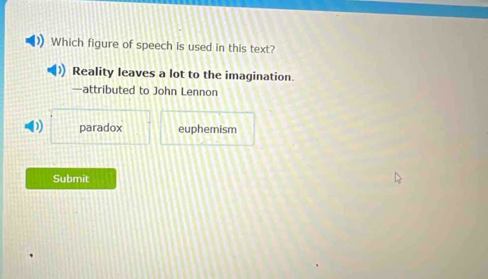 which figure of speech is used in this text? reality leaves a lot to the imagination. —attributed to john lennon paradox euphemism